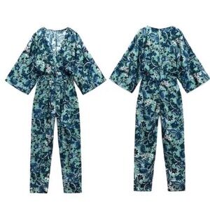 Zara Floral Patterned Kimono Jumpsuit in Blue and Green